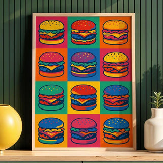 Colorful Burger Pop Art Poster | Funky Fast Food Wall Print | Retro Kitchen Decor for Food Lovers | Warhol - Inspired Art | Free Shipping - Just Great Posters