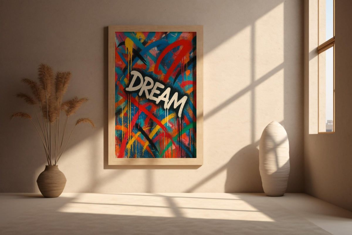 Dream Graffiti Poster | Bold Street Art Wall Print | Urban Inspirational Art | Colourful Drip Lettering Decor | Free Shipping - Just Great Posters