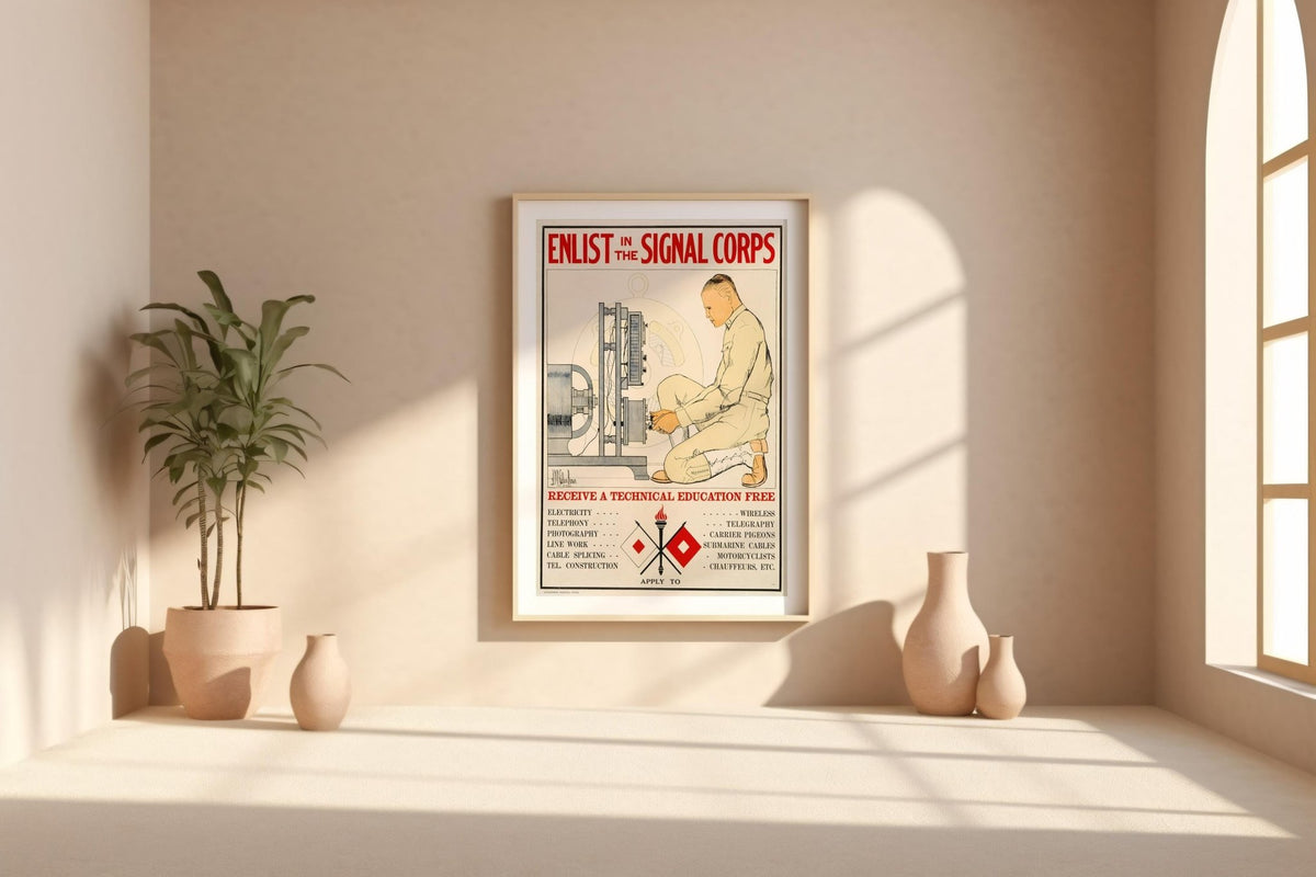 Signal Corps Recruitment Poster Print – Vintage Military Tech Wall Art, WWI - Era Education Ad, Engineering History Decor, Retro STEM Style - Just Great Posters