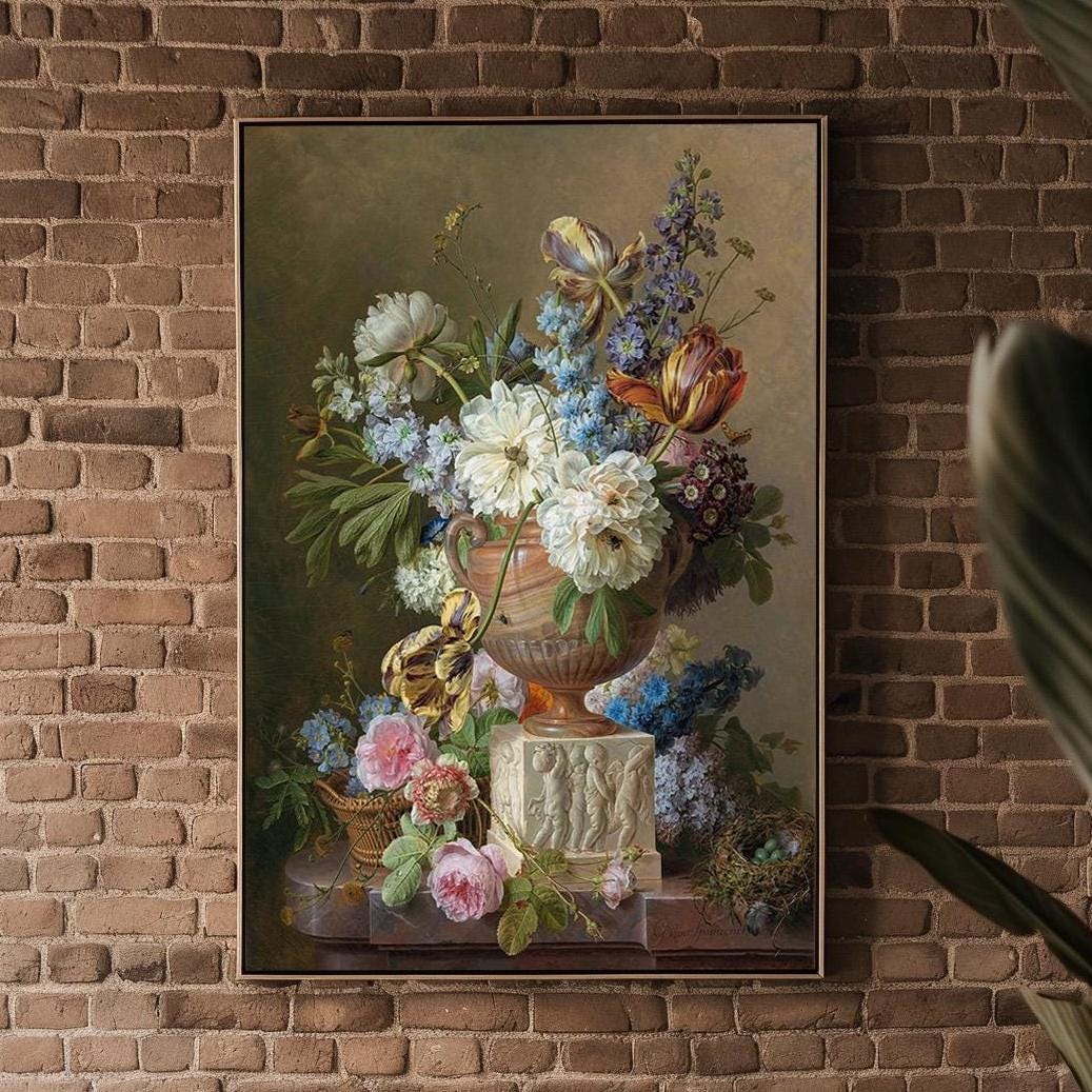 Floral Still Life Poster Print – Dutch Master Style Wall Art with Classical Urn, Roses, and Bird’s Nest, Vintage Fine Art Decor - Just Great Posters