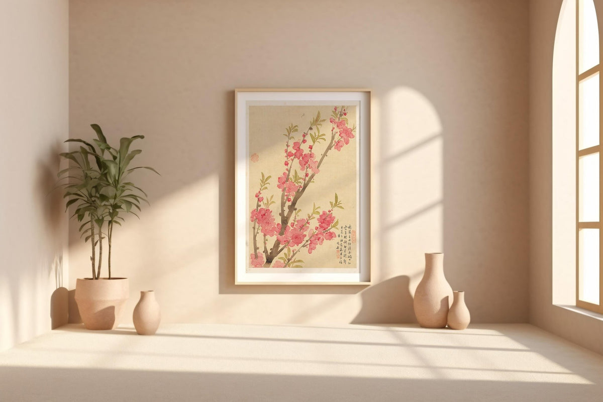 Blossom Japanese Ink Print – Minimalist Vintage Botanical Art, Pink Flower Branch Watercolor Poster, Zen Asian Wall Decor - Just Great Posters