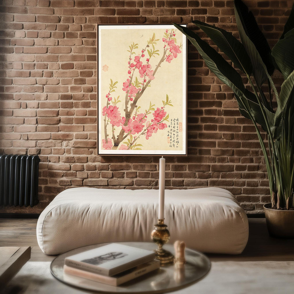 Blossom Japanese Ink Print – Minimalist Vintage Botanical Art, Pink Flower Branch Watercolor Poster, Zen Asian Wall Decor - Just Great Posters