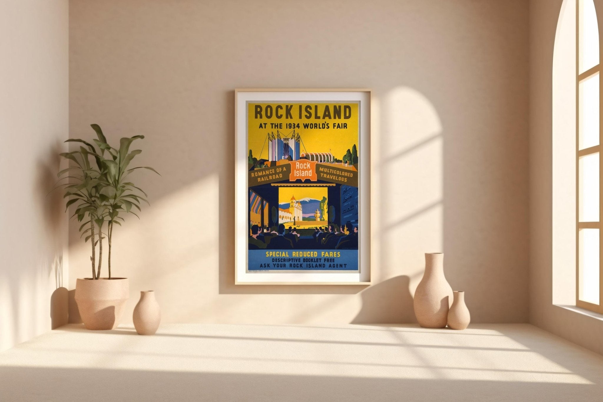 Vintage Travel Poster Print – Rock Island Railroad at 1934 World’s Fair – Bold Color Exhibition Reprint – Retro Scenic Artwork - Just Great Posters