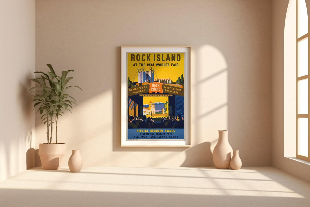 Vintage Travel Poster Print – Rock Island Railroad at 1934 World’s Fair – Bold Color Exhibition Reprint – Retro Scenic Artwork - Just Great Posters
