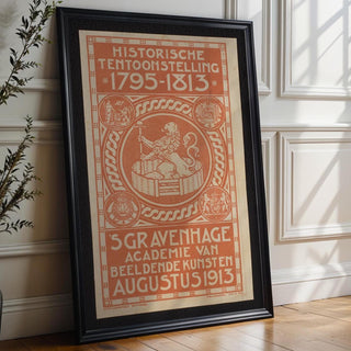 Vintage Exhibition Poster Print – Dutch Historic Art Show 1913 Reprint – Ornate Red Typography with Lion Emblem and Dutch Text - Just Great Posters