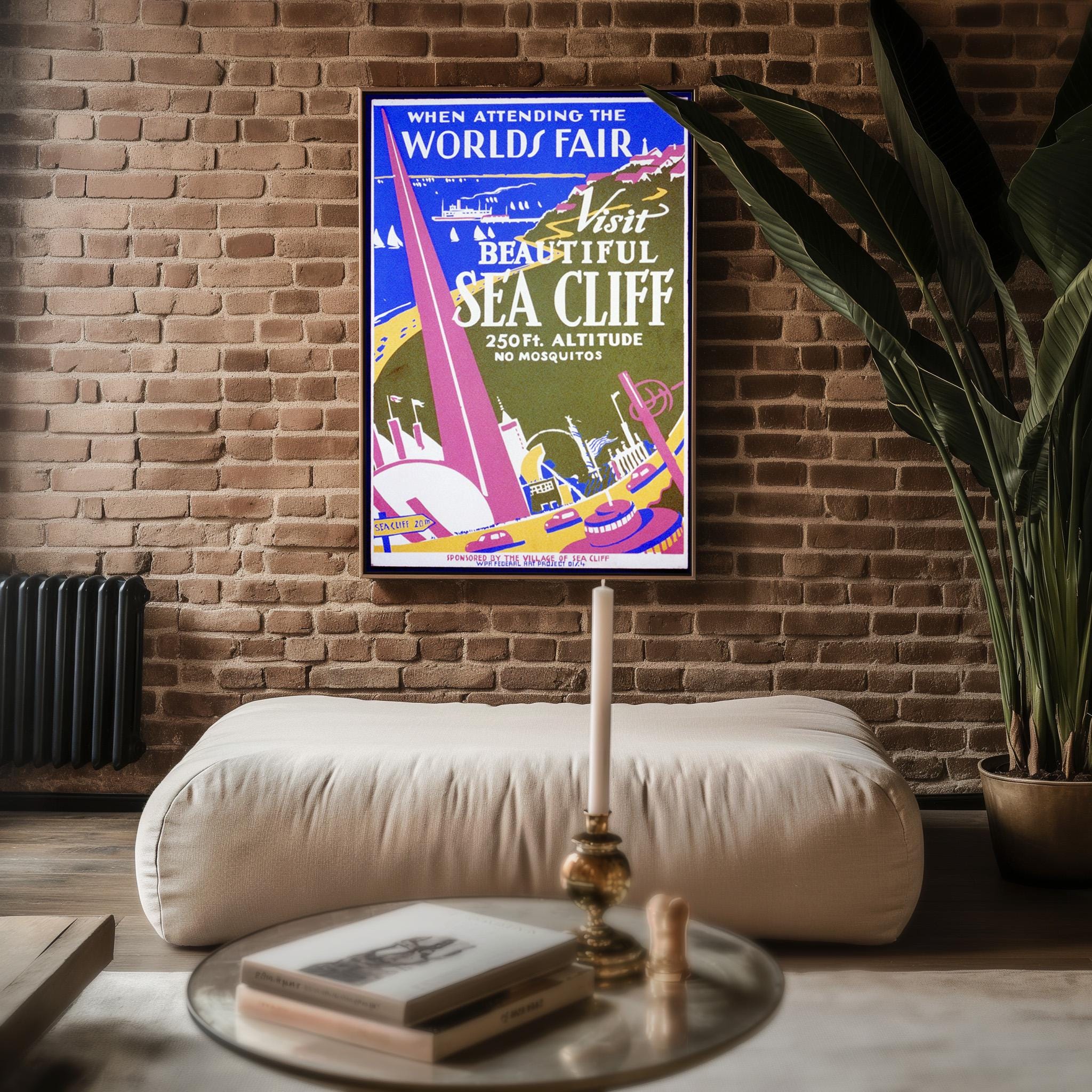 Vintage Travel Poster Print – Sea Cliff WPA Reprint from 1930s World’s Fair – Bold Modernist Landscape with Coastal Town Artwork - Just Great Posters