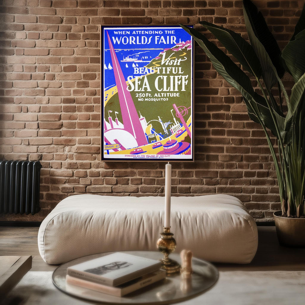 Vintage Travel Poster Print – Sea Cliff WPA Reprint from 1930s World’s Fair – Bold Modernist Landscape with Coastal Town Artwork - Just Great Posters