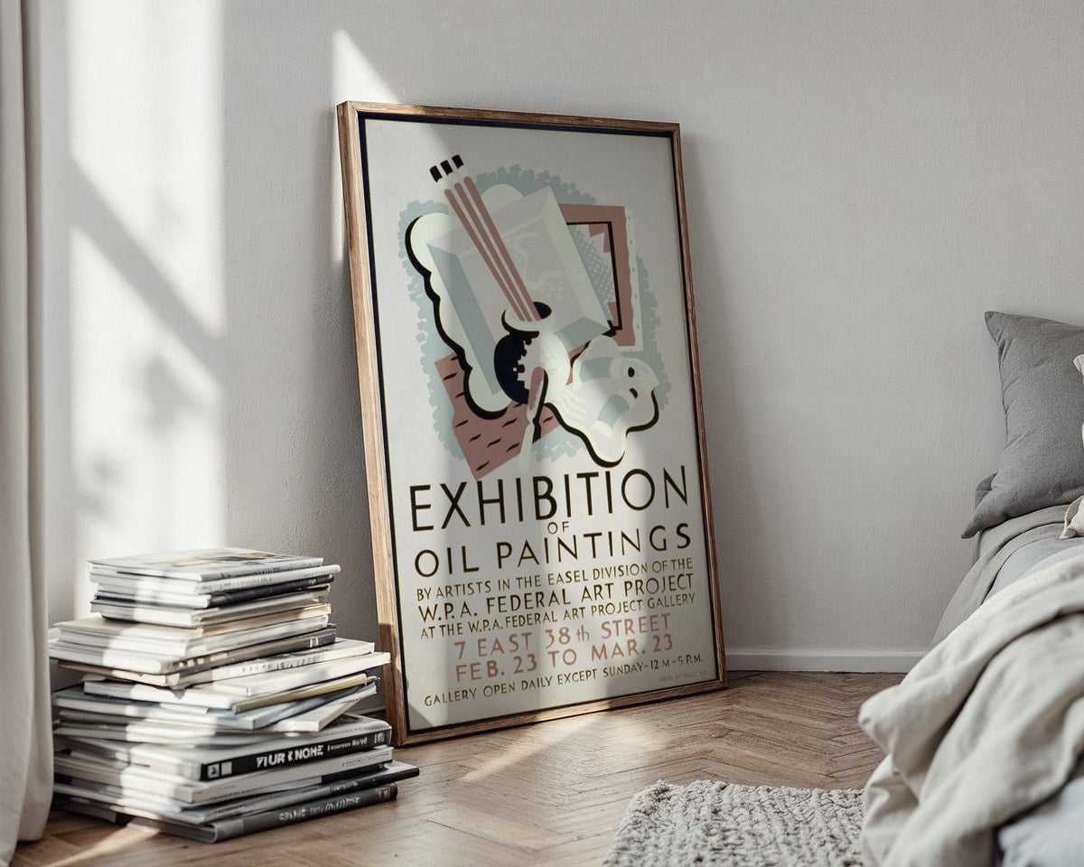 WPA Exhibit Poster Print – Oil Paintings Gallery Show Reprint – Federal Art Project 1930s Artwork with Pastel Abstract Still Life - Just Great Posters