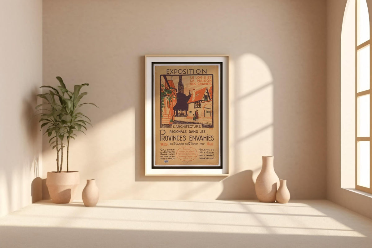 French Exhibition Poster Print – 1917 Architecture Show Reprint – Regional Village Scene with Timber Buildings and Red Accents - Just Great Posters