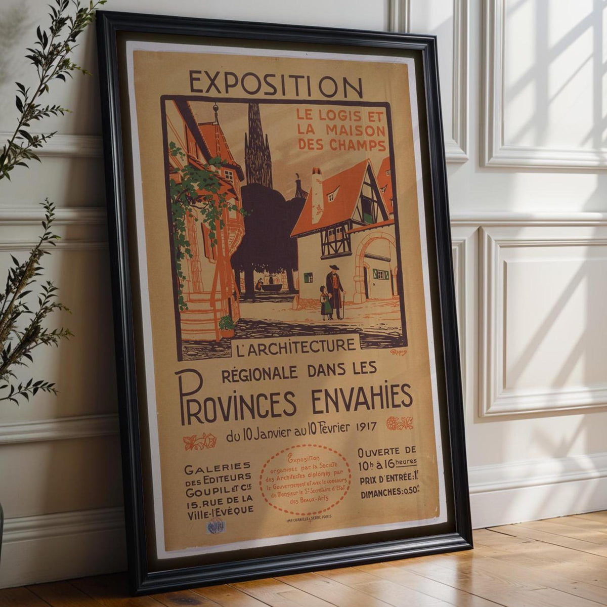 French Exhibition Poster Print – 1917 Architecture Show Reprint – Regional Village Scene with Timber Buildings and Red Accents - Just Great Posters