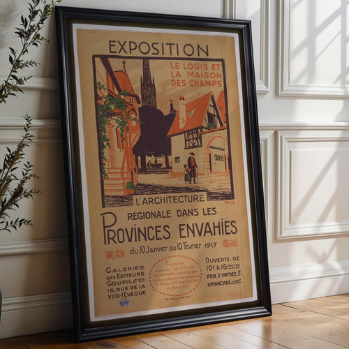 French Exhibition Poster Print – 1917 Architecture Show Reprint – Regional Village Scene with Timber Buildings and Red Accents - Just Great Posters