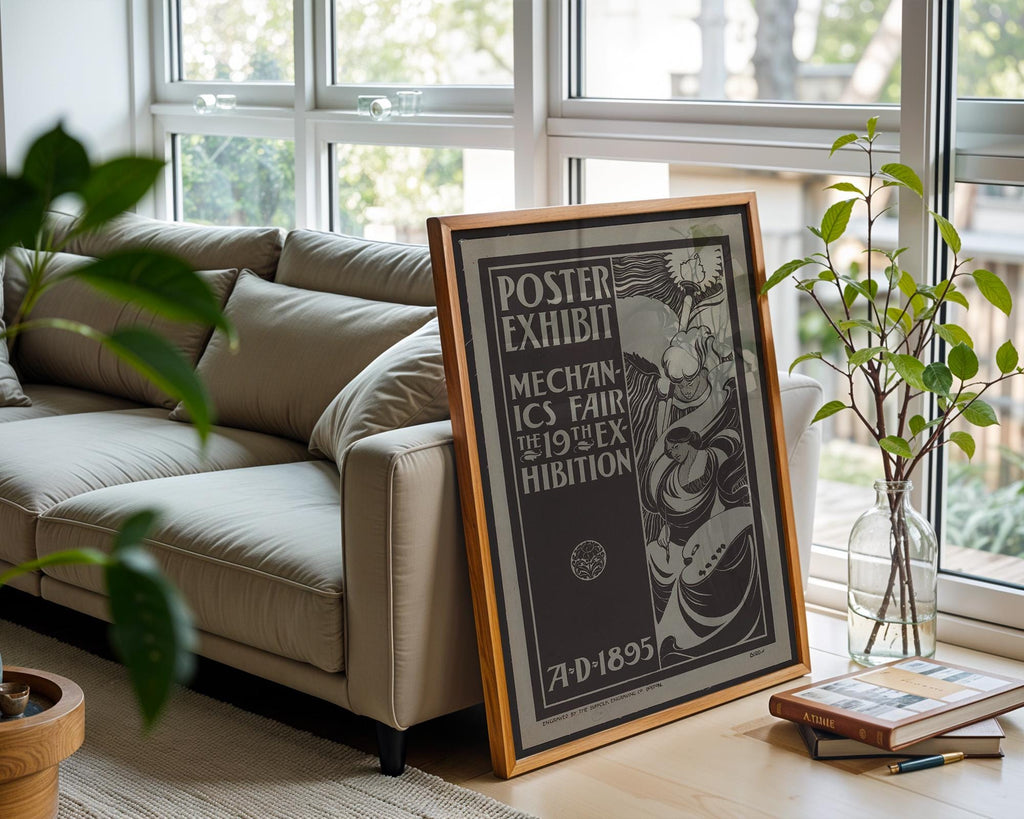 Vintage Poster Exhibit Print – 1895 Mechanics Fair Reprint – Art Nouveau Black & White Illustration with Flowing Line Art Style - Just Great Posters