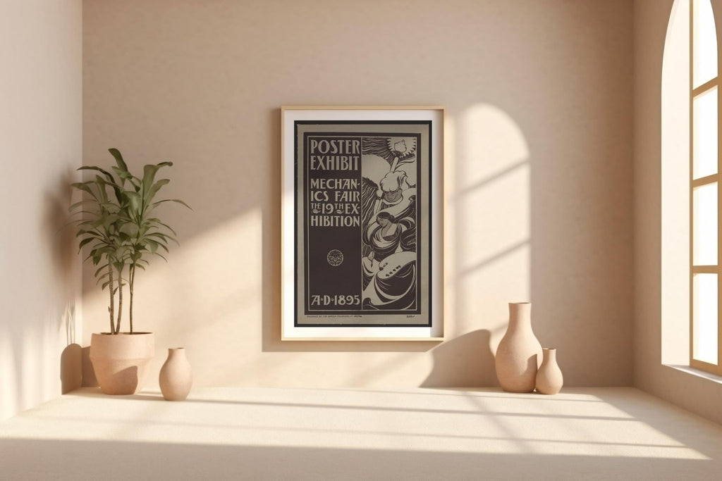 Vintage Poster Exhibit Print – 1895 Mechanics Fair Reprint – Art Nouveau Black & White Illustration with Flowing Line Art Style - Just Great Posters