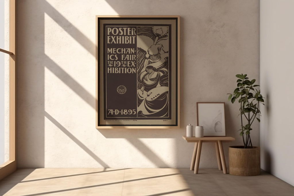 Vintage Poster Exhibit Print – 1895 Mechanics Fair Reprint – Art Nouveau Black & White Illustration with Flowing Line Art Style - Just Great Posters