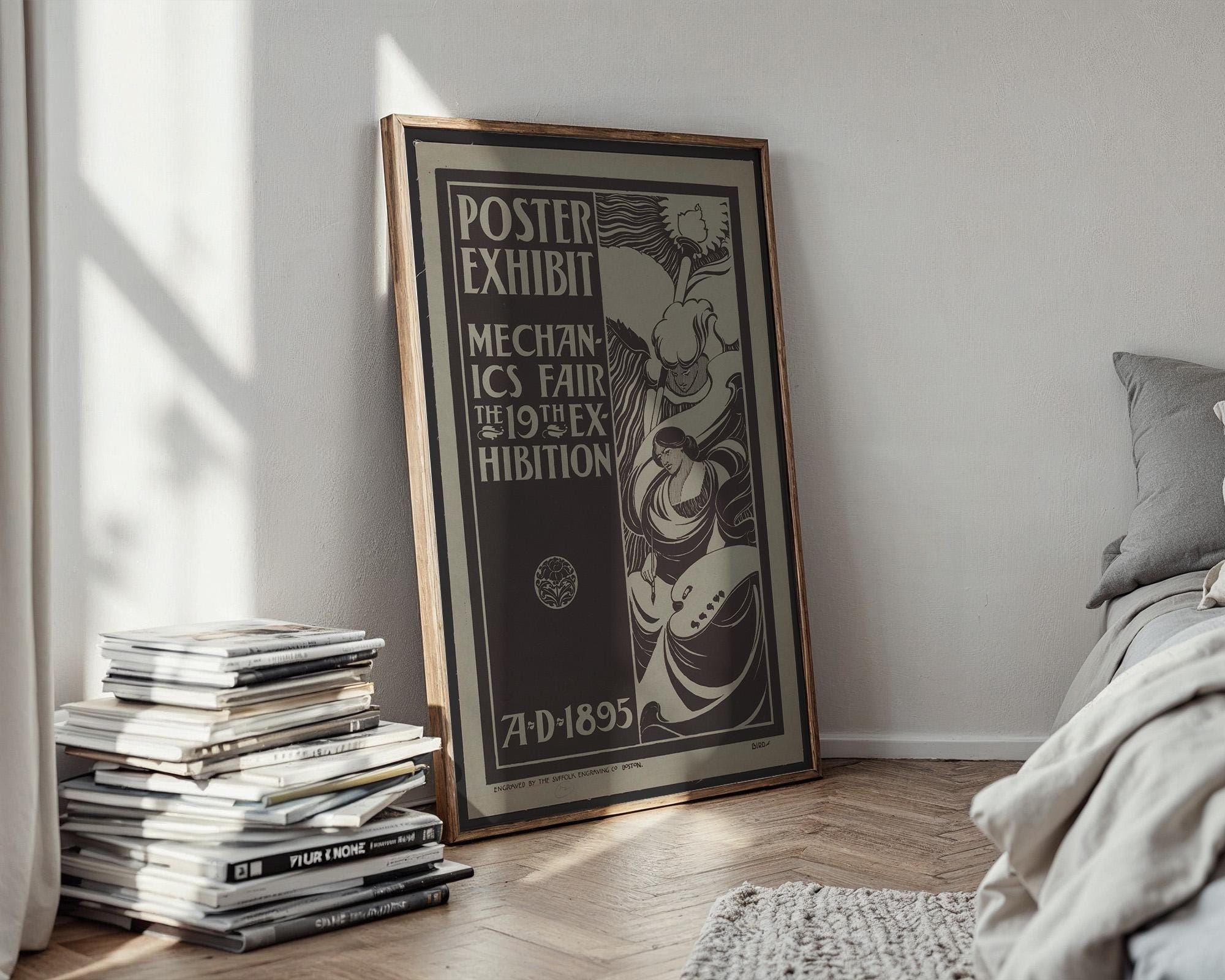 Vintage Poster Exhibit Print – 1895 Mechanics Fair Reprint – Art Nouveau Black & White Illustration with Flowing Line Art Style - Just Great Posters
