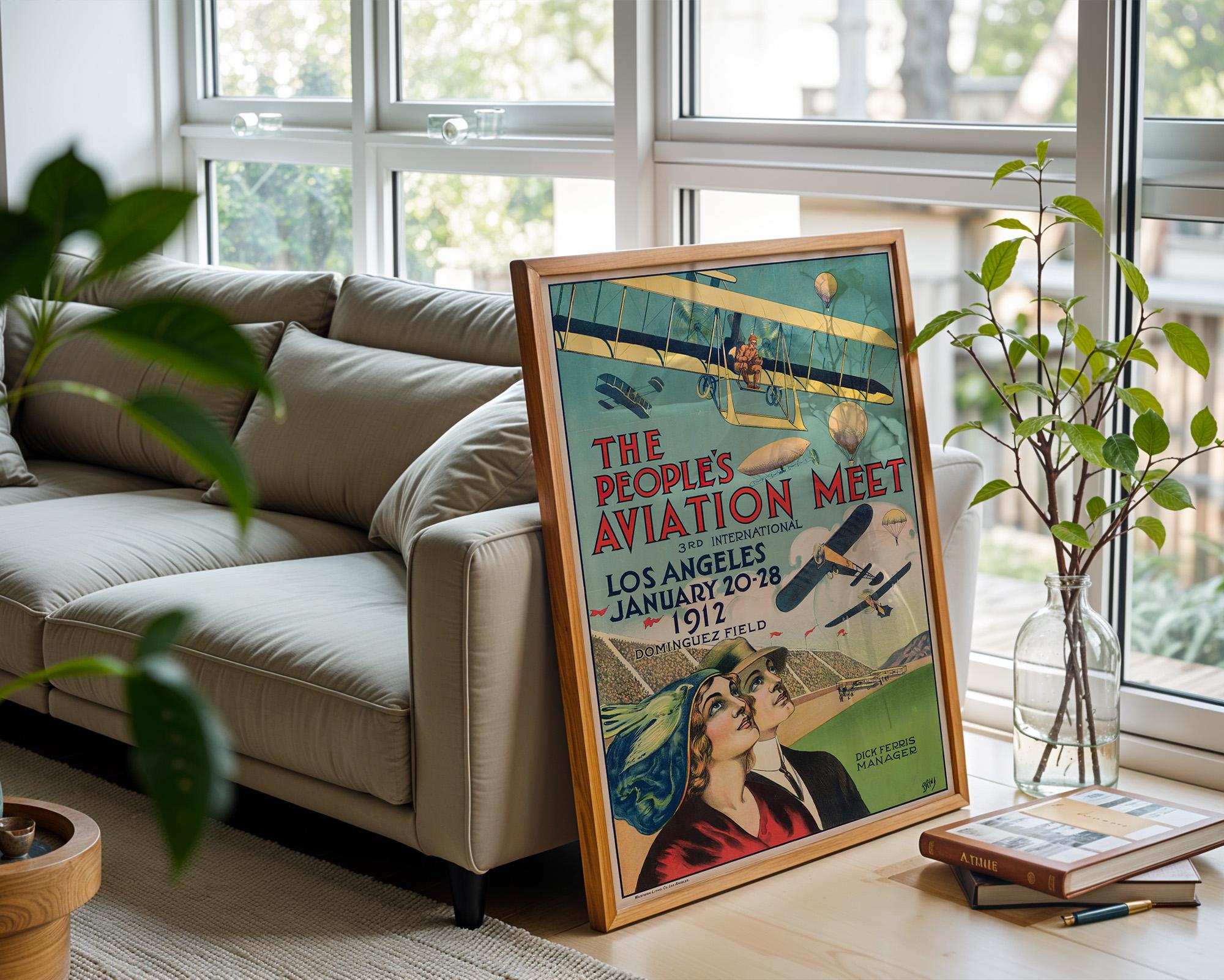 Vintage Aviation Poster Print – 1912 People’s Air Meet Reprint – Dominguez Field Planes and Balloons Show Historic Artwork - Just Great Posters