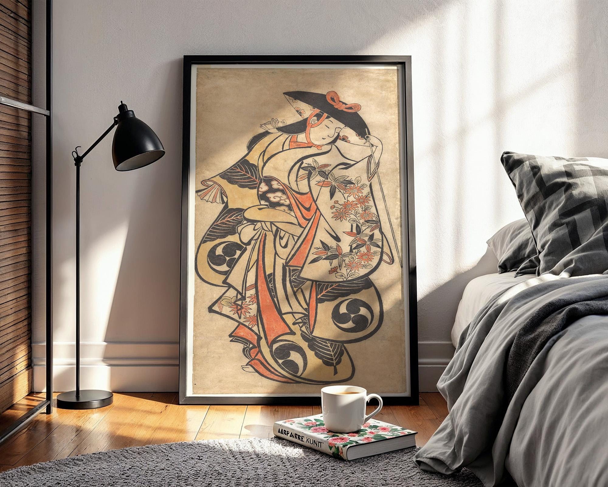 Japanese Print Reproduction – Traditional Woodblock Kimono Woman Poster – Vintage Ukiyo - e Style Reprint with Floral Detail - Just Great Posters