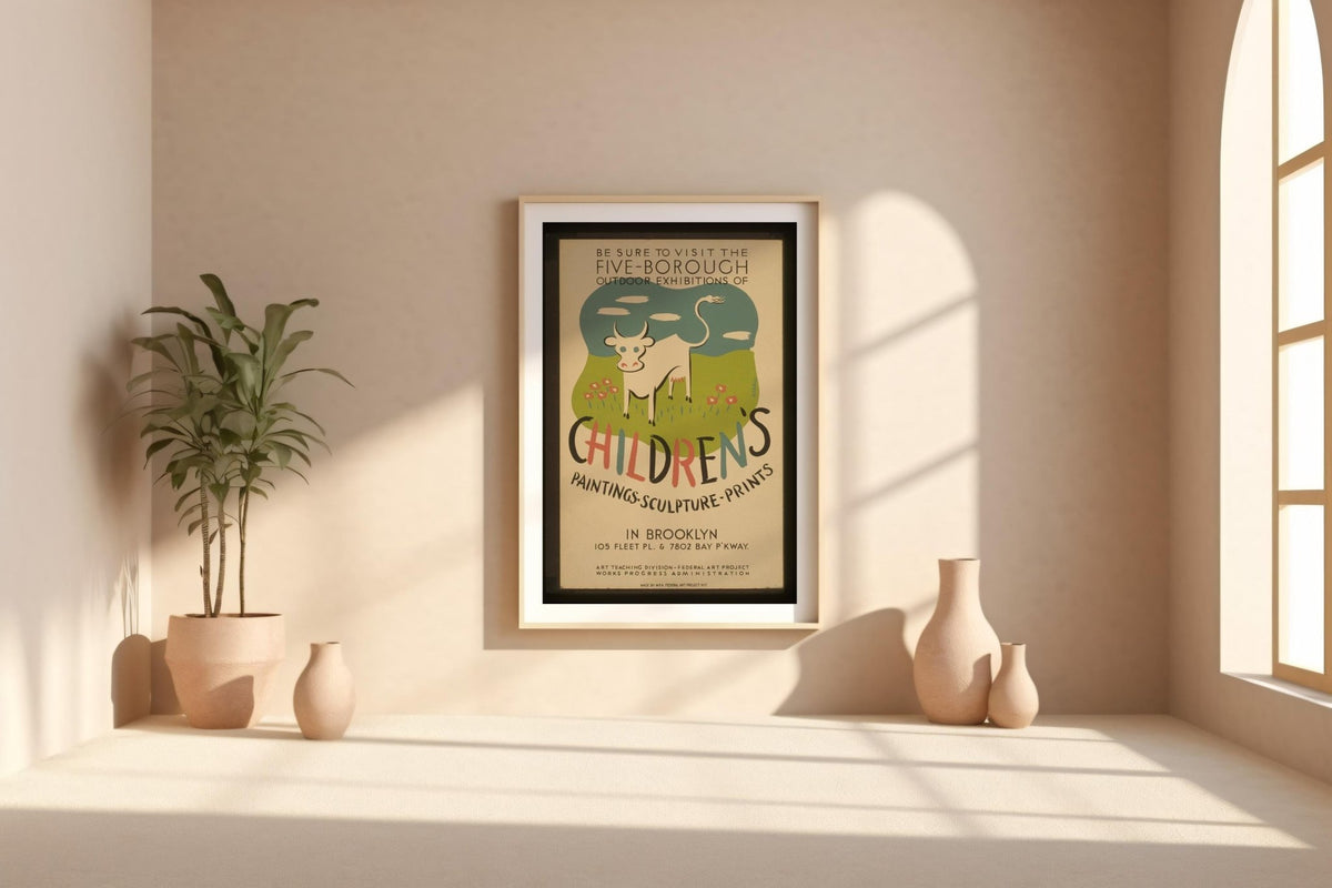 Vintage WPA Poster Print – Children’s Art Exhibit Reprint – Five - Borough NYC Show with Cow Illustration and Playful Typography - Just Great Posters