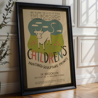 Vintage WPA Poster Print – Children’s Art Exhibit Reprint – Five - Borough NYC Show with Cow Illustration and Playful Typography - Just Great Posters