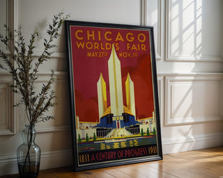 Vintage World’s Fair Poster Print – Chicago 1933 Century of Progress Reprint – Art Deco Skyline and Expo Pavilion Artwork - Just Great Posters