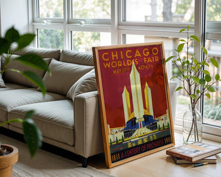 Vintage World’s Fair Poster Print – Chicago 1933 Century of Progress Reprint – Art Deco Skyline and Expo Pavilion Artwork - Just Great Posters