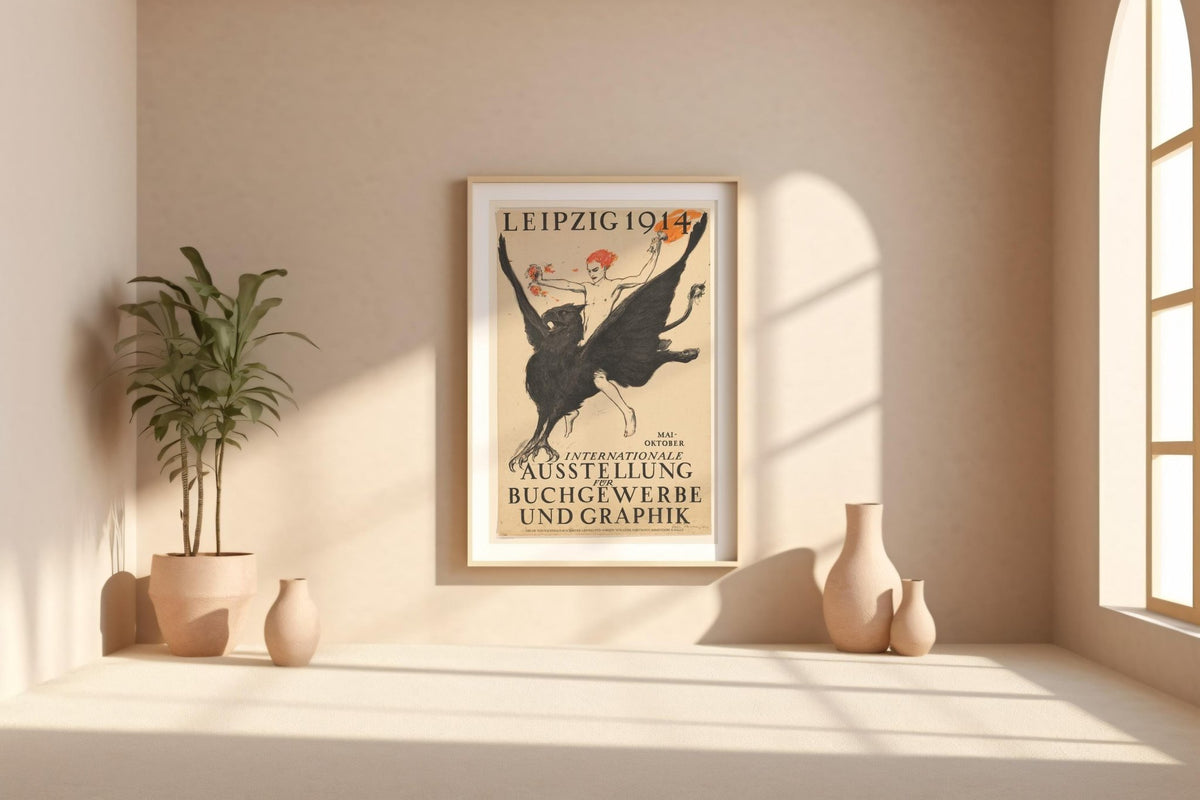 Vintage Art Exhibition Poster Print – Leipzig 1914 Reprint – Mythical Griffin Rider with Fire and Typography in Dramatic Style - Just Great Posters