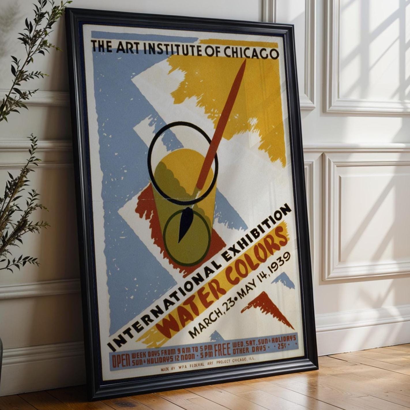 Vintage Art Show Poster Print – 1939 Watercolors Exhibition Reprint – WPA Federal Art Project with Brush and Paint Illustration - Just Great Posters