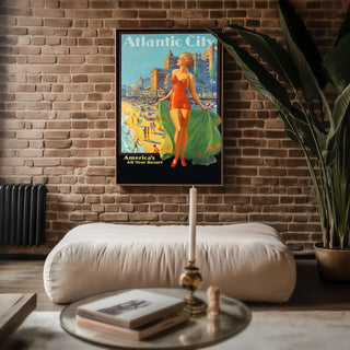 Vintage Travel Poster Print – Atlantic City Beach Scene Reprint – 1940s Swimsuit Pin - Up Woman with Seaside Resort Background - Just Great Posters