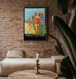 Vintage Travel Poster Print – Atlantic City Beach Scene Reprint – 1940s Swimsuit Pin - Up Woman with Seaside Resort Background - Just Great Posters