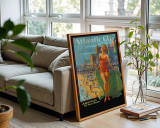 Vintage Travel Poster Print – Atlantic City Beach Scene Reprint – 1940s Swimsuit Pin - Up Woman with Seaside Resort Background - Just Great Posters