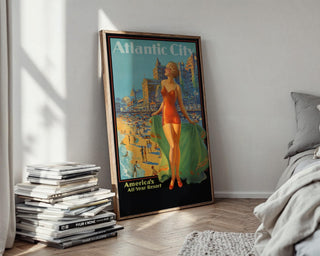 Vintage Travel Poster Print – Atlantic City Beach Scene Reprint – 1940s Swimsuit Pin - Up Woman with Seaside Resort Background - Just Great Posters