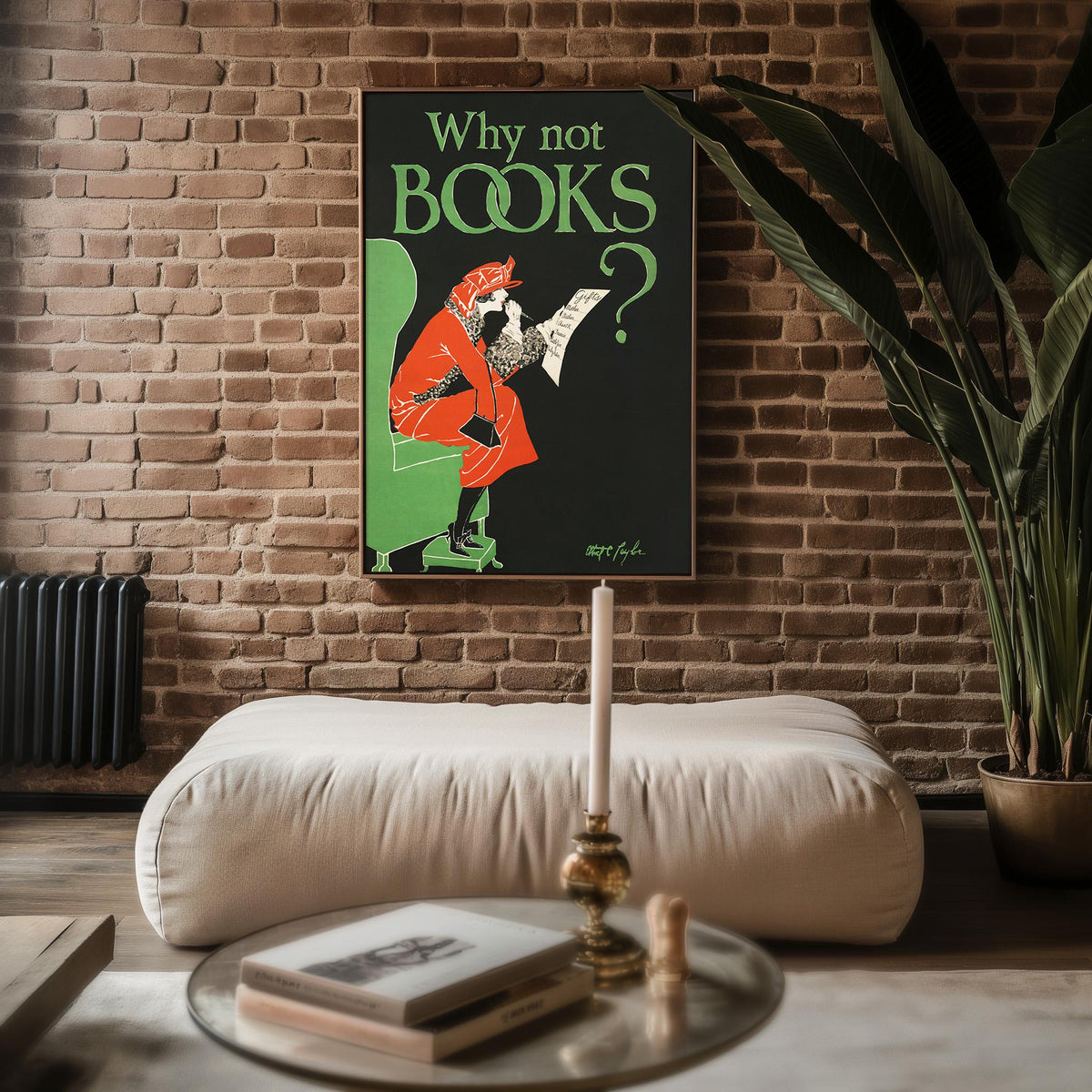 Vintage Bookstore Poster Print – Why Not Books? Reading Gift Reprint – 1920s Holiday Shopper Illustration with Gift List - Just Great Posters