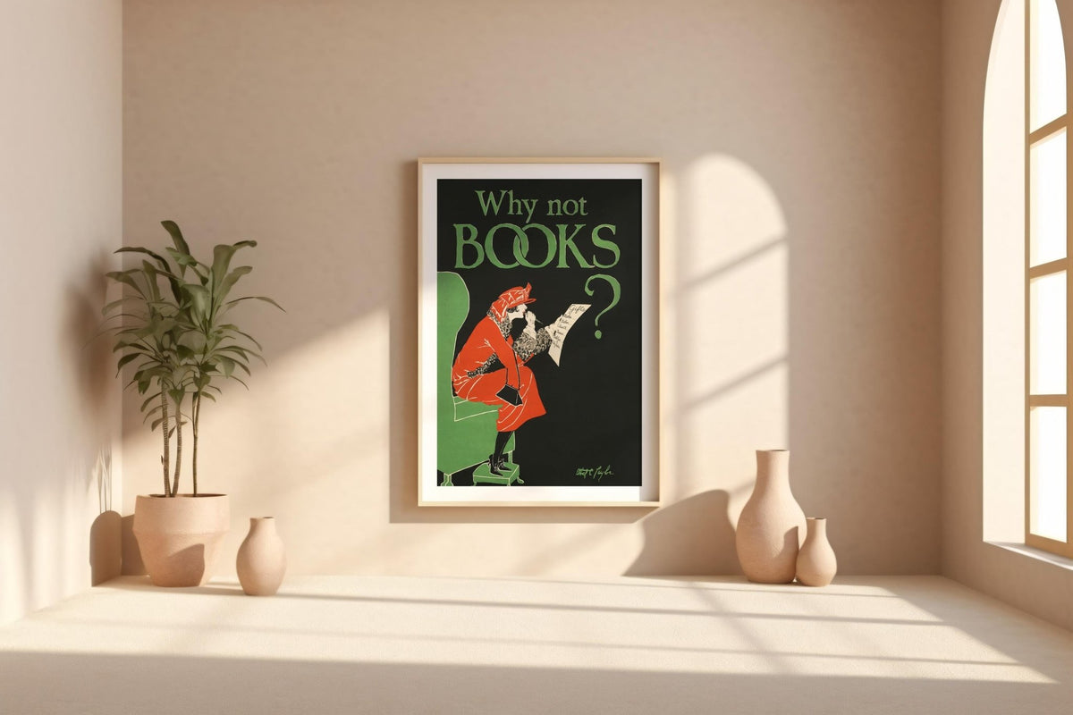 Vintage Bookstore Poster Print – Why Not Books? Reading Gift Reprint – 1920s Holiday Shopper Illustration with Gift List - Just Great Posters