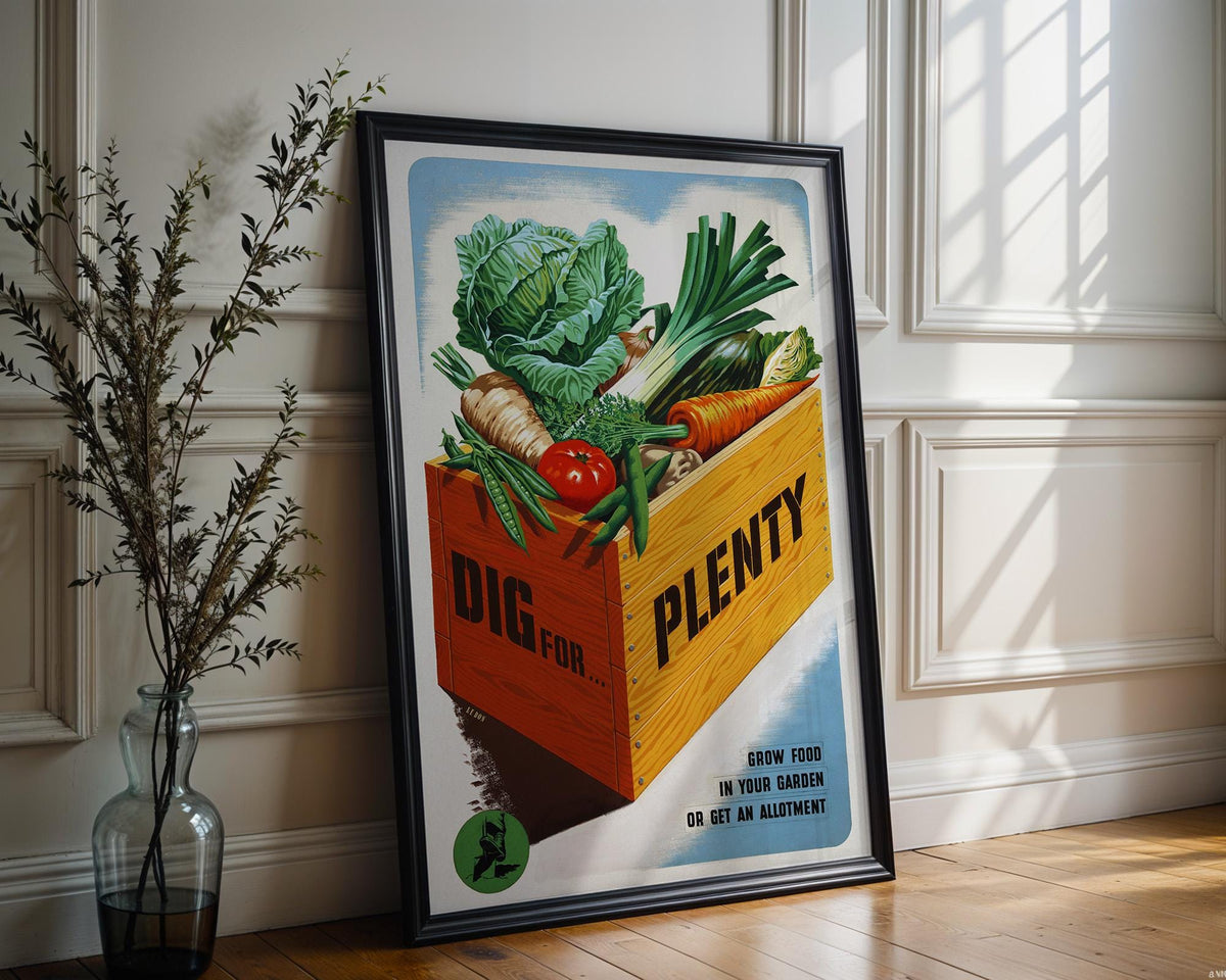 Vintage Wartime Garden Poster – Dig for Victory Print with Veggie Crate Art – WWII Food Propaganda Wall Art, Retro Home Kitchen Decor - Just Great Posters