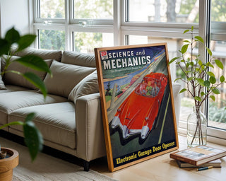 Retro Science Magazine Cover Print – 1950s Futuristic Car Wall Art – Bold Mid - Century Tech Poster, Red Space Age Driving Illustration - Just Great Posters