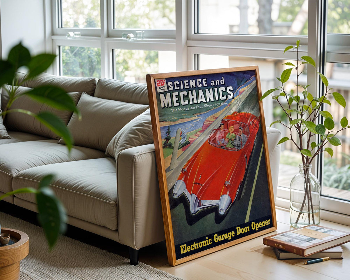 Retro Science Magazine Cover Print – 1950s Futuristic Car Wall Art – Bold Mid - Century Tech Poster, Red Space Age Driving Illustration - Just Great Posters