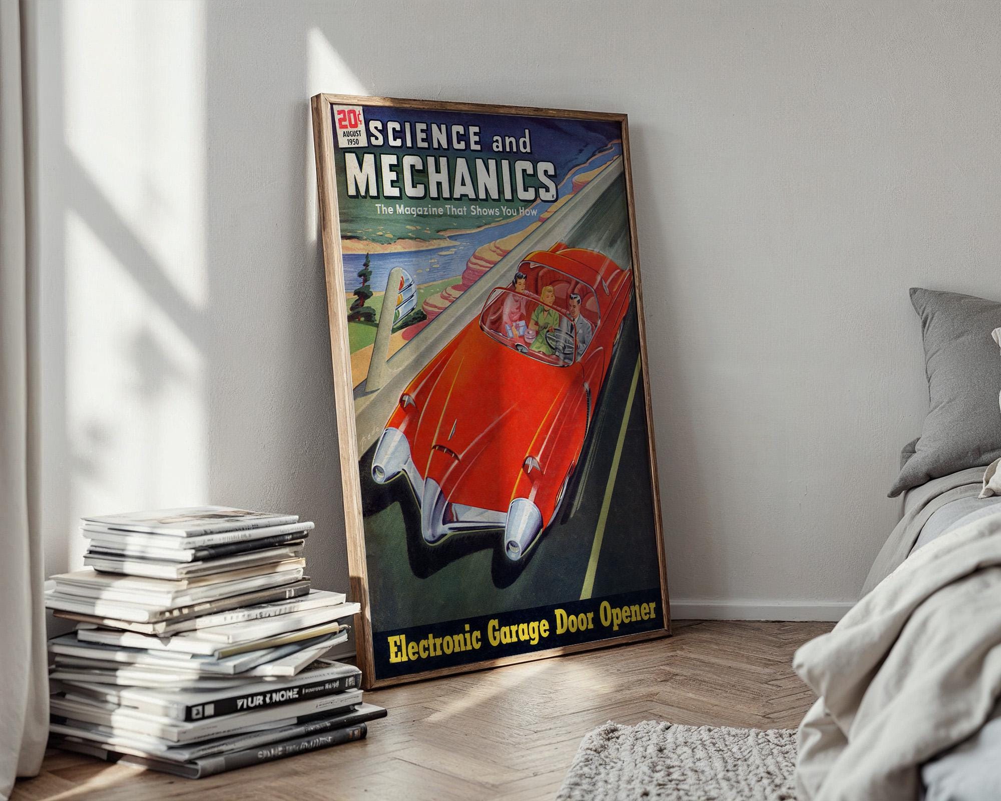 Retro Science Magazine Cover Print – 1950s Futuristic Car Wall Art – Bold Mid - Century Tech Poster, Red Space Age Driving Illustration - Just Great Posters