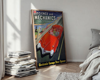 Retro Science Magazine Cover Print – 1950s Futuristic Car Wall Art – Bold Mid - Century Tech Poster, Red Space Age Driving Illustration - Just Great Posters