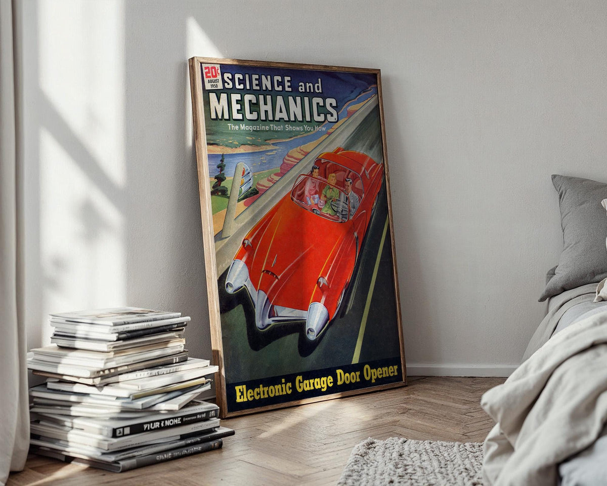 Retro Science Magazine Cover Print – 1950s Futuristic Car Wall Art – Bold Mid - Century Tech Poster, Red Space Age Driving Illustration - Just Great Posters