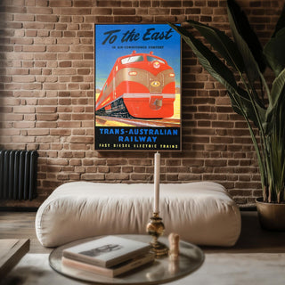 Vintage Australian Train Travel Poster – Bold Red Diesel Locomotive Print – Retro Railway Wall Art, 1950s Transcontinental Design - Just Great Posters