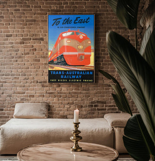 Vintage Australian Train Travel Poster – Bold Red Diesel Locomotive Print – Retro Railway Wall Art, 1950s Transcontinental Design - Just Great Posters