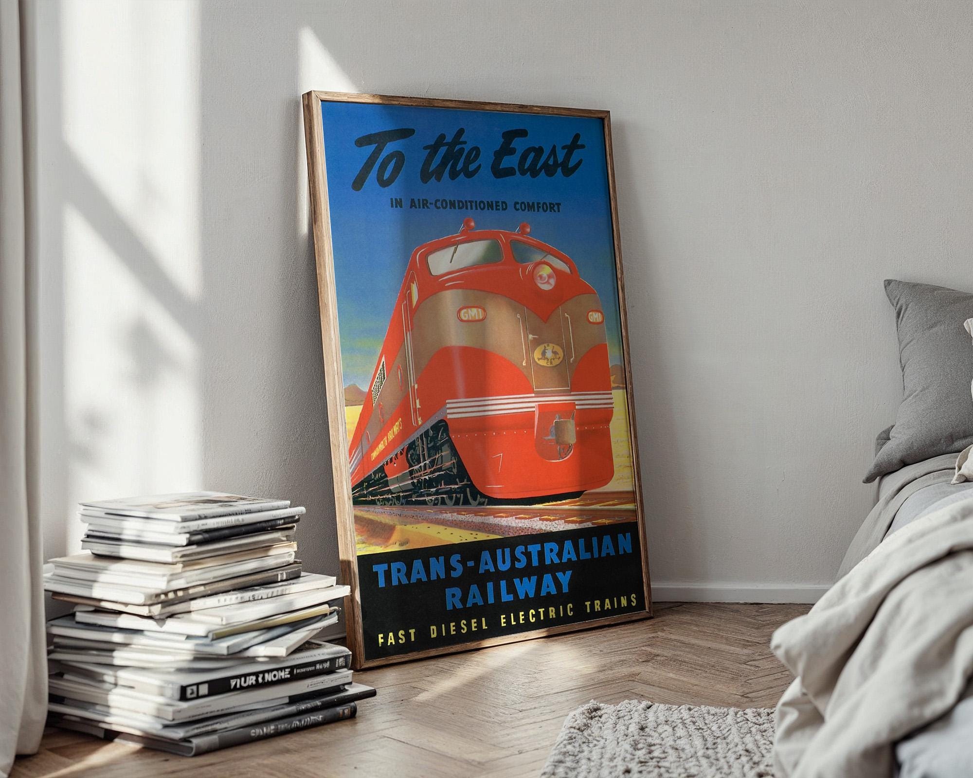Vintage Australian Train Travel Poster – Bold Red Diesel Locomotive Print – Retro Railway Wall Art, 1950s Transcontinental Design - Just Great Posters