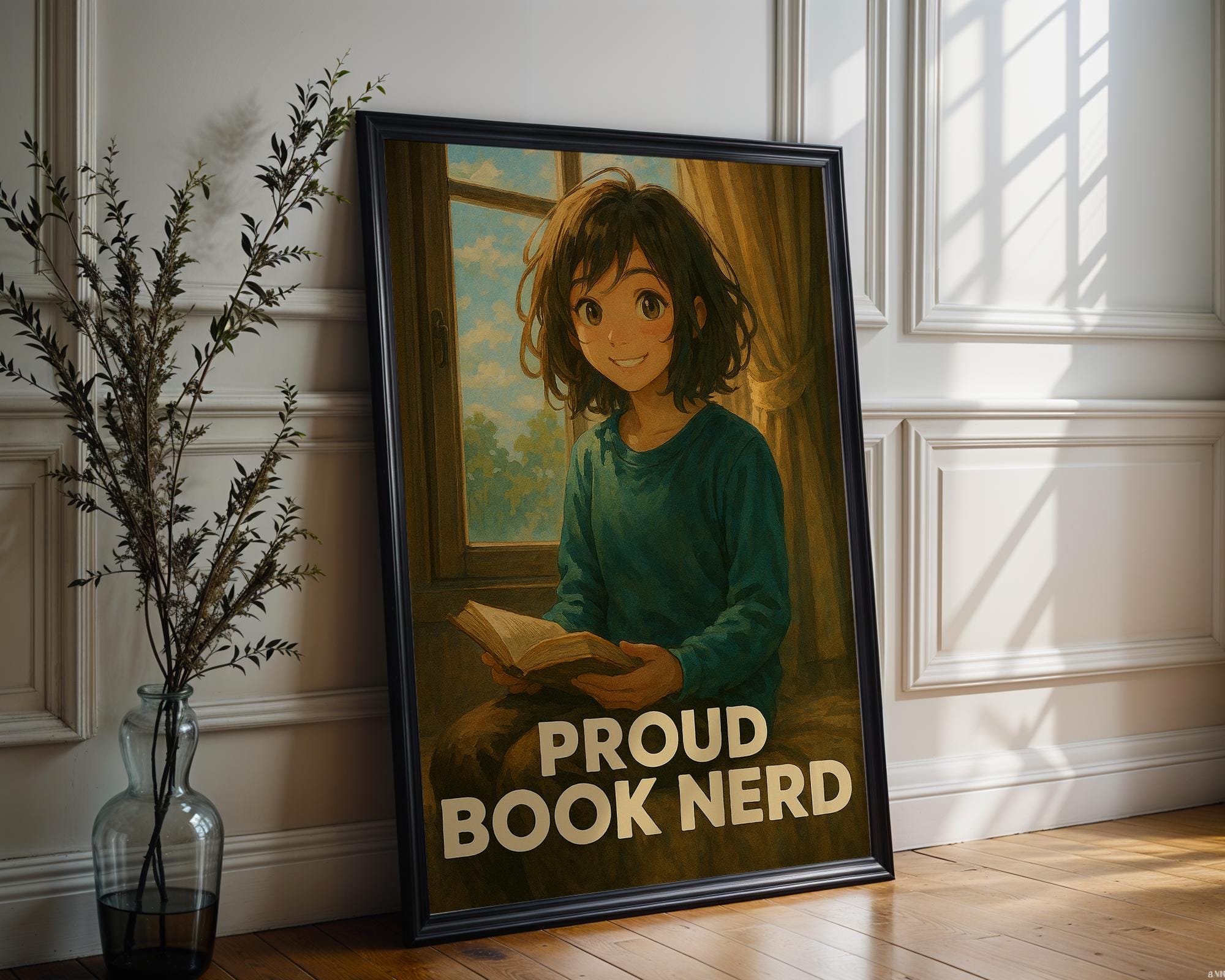 Proud Book Nerd Poster – Cozy Reading Art Print – Anime Style Book Lover Wall Art – Cute Library Decor – Gift for Readers and Introverts - Just Great Posters