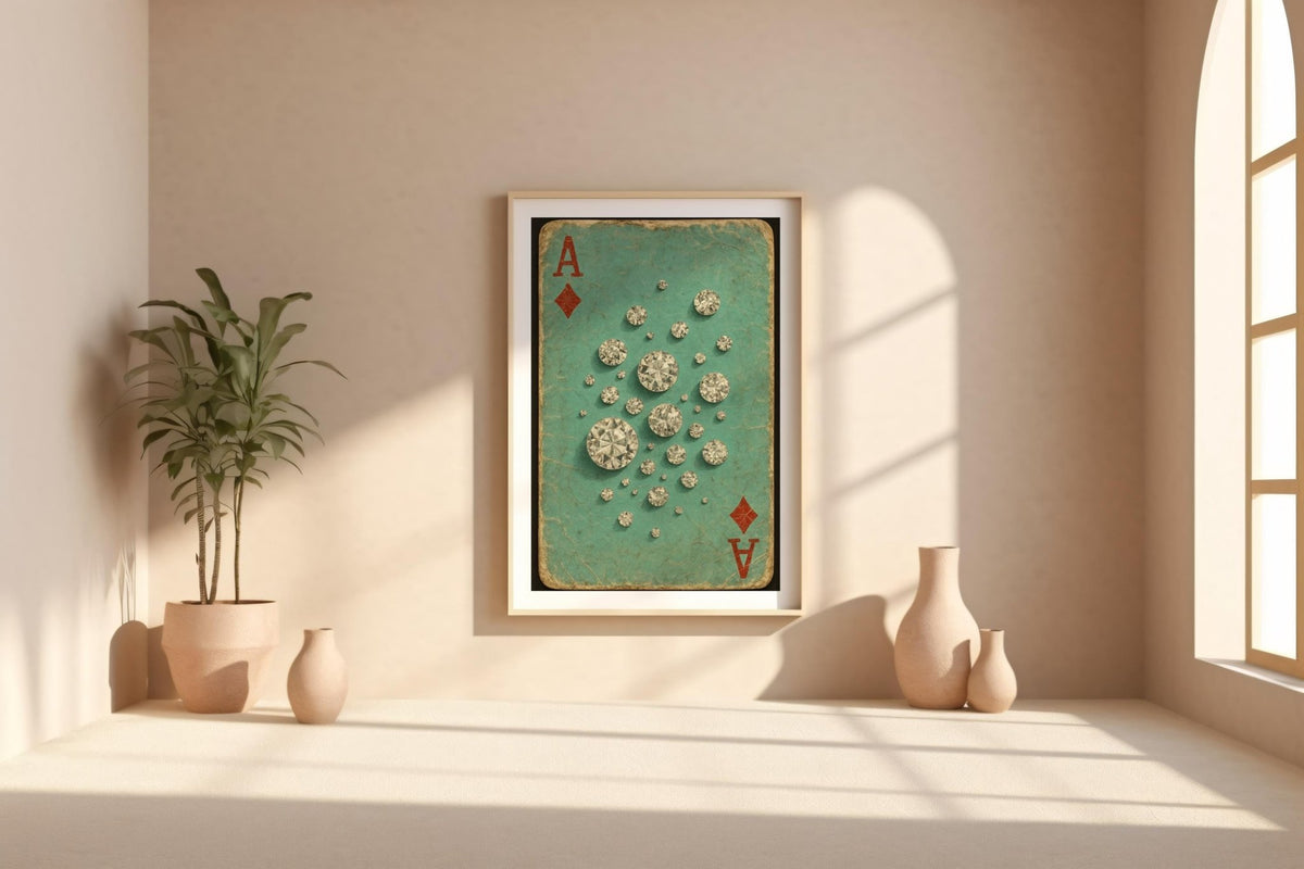 Sparkling Ace of Diamonds Art Print – Retro Playing Card Wall Art with Crystal Gems, Tiffany Style Gift for Jewellery or Card Game Lovers - Just Great Posters