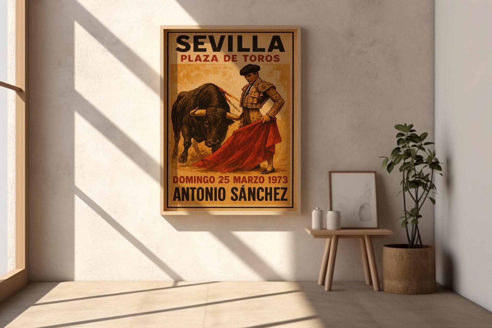 Sevilla bullfighting poster displayed in a styled room setting