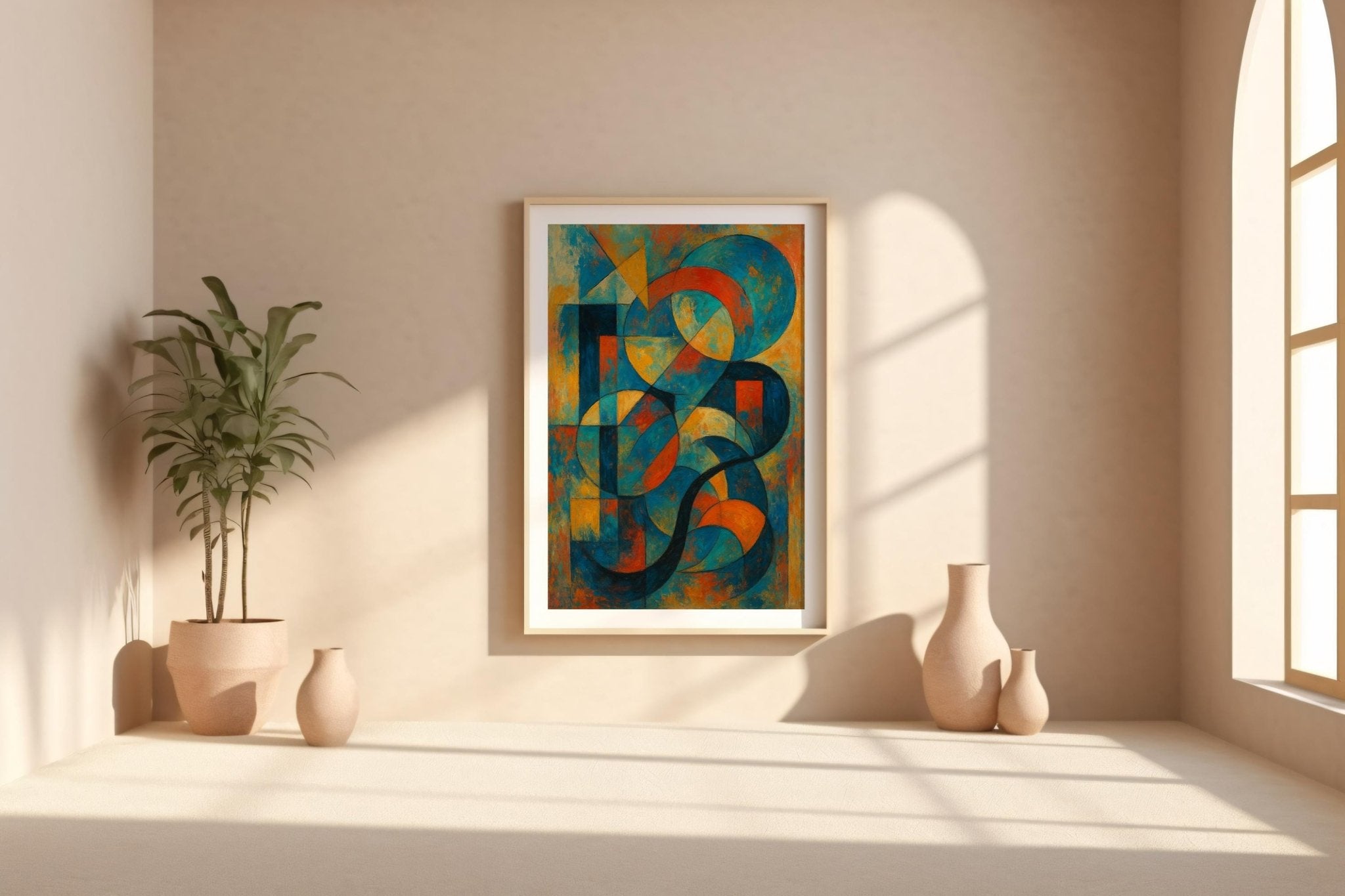 Bold Geometric Abstract Wall Art – Colorful Mid Century Style Shapes Print, Modern Retro Art Poster in Orange, Blue & Yellow Tones - Just Great Posters