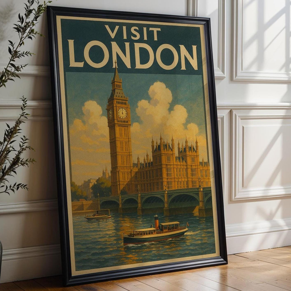 Visit London Vintage Poster – Retro Big Ben & River Thames Travel Print, Classic British Wall Art, UK Tourism Illustration - Just Great Posters