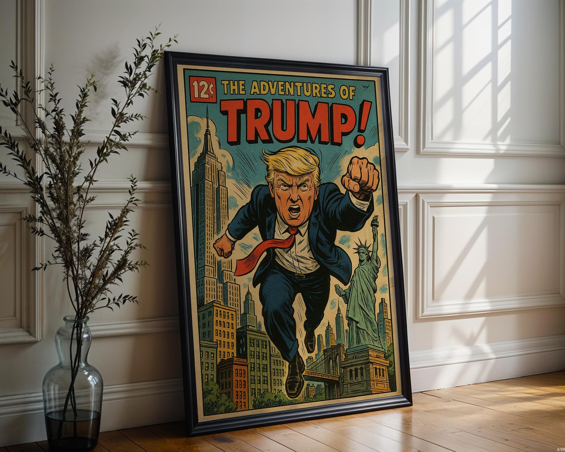 Trump Comic Poster – Satirical Superhero Art Print in Retro Comic Style, Bold Political Pop Culture Wall Art - Just Great Posters
