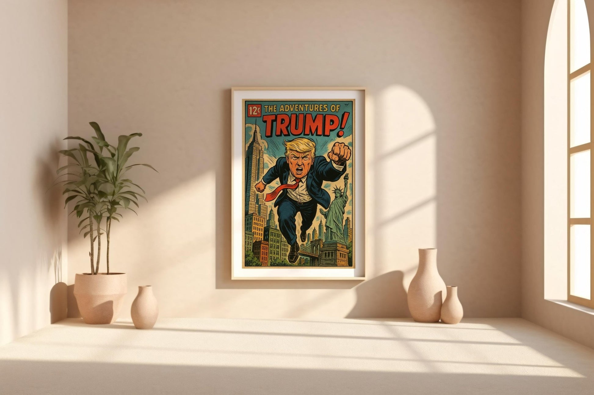 Trump Comic Poster – Satirical Superhero Art Print in Retro Comic Style, Bold Political Pop Culture Wall Art - Just Great Posters