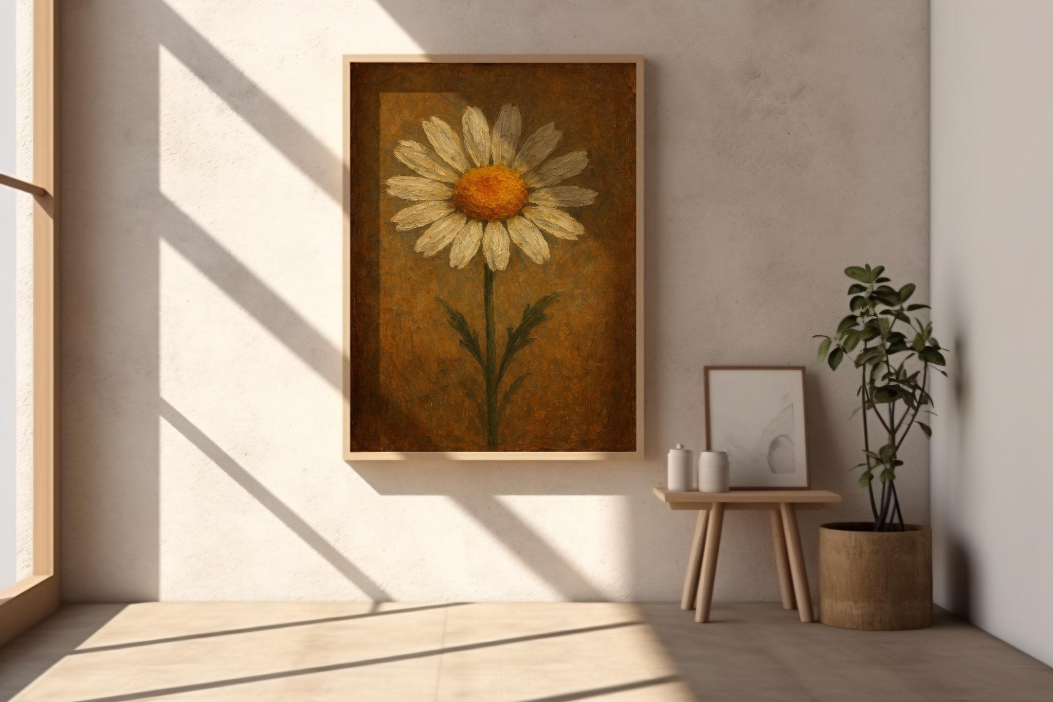Vintage Daisy Flower Wall Art – Minimal Botanical Print with Rustic Texture, Retro Floral Poster for Nature Lovers & Cozy Decor - Just Great Posters